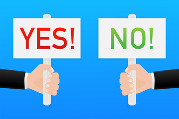 Hand holding placard yes and no. Vector stock illustration.