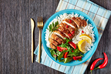 Chicken Cutlet Rice Bowl on a a plate