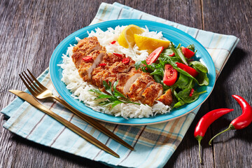 Chicken Cutlet Rice Bowl on a a plate