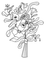Bouquet of dahlias, bells and eucalyptus.Anti stress coloring book page for adults or children.Outline vector drawing of flowers.Page of floral pattern in black and white.