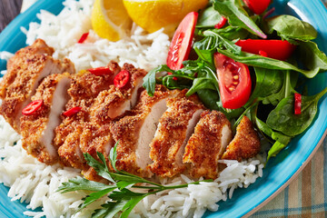 Chicken Cutlet Rice Bowl on a a plate