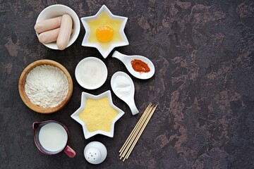 Ingredients for making corn dogs