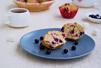 Muffins with black currants on a blue plate on a light concrete background. American cuisine.