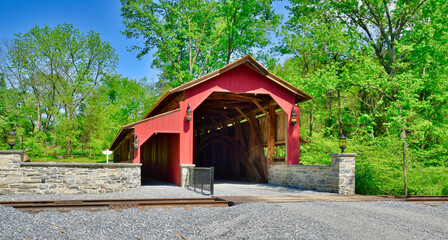Close Up View of a Restored Old 1844 Covered Bridge on a Sunny Day