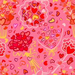 Seamless love pattern. Bouquets of hearts on a pink background. Bright simple Doodle style. Vector.