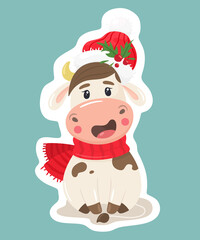 Cute sticker of a Christmas bull. Vector illustration in flat style.