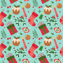 Cute seamless christmas pattern with seasonal elements. Vector illustration.