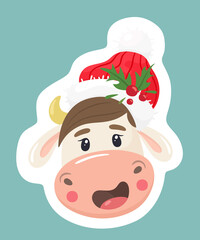 Cute sticker portrait of a Christmas bull. Vector illustration in flat style.