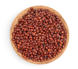 red quinoa seeds in wooden bowl isolated on white background with clipping path and full depth of field. Top view. Flat lay