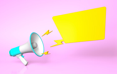 Green megaphone and yellow bubble on a pink background. template blank. 3d render