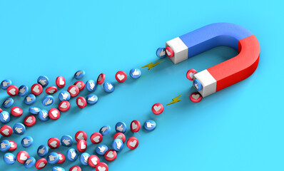 The magnet attracts likes. Concept of how to attract more visitors and customers to the site. 3d render