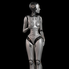 3d render of a very detailed female robot or futuristic cyber girl looking rightwards while holding one hand on her chest, isolated on black background