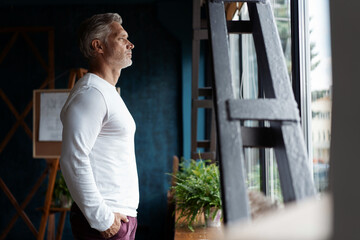 Business lifestyle. Casual Grey-haired Mature professional handsome businessman standing near window in his office while thinking about his goals
