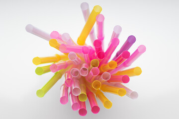 Colored plastic drinking straws on white background