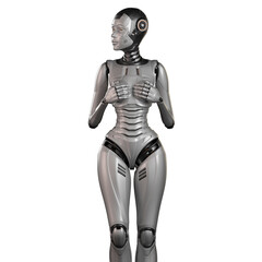 3d render of a very detailed female robot or futuristic cyber girl while standing, touching her chest with both arms, isolated on white background