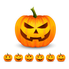 Vector Glossy Cartoon Halloween Pumkin Lantern with Funny Faces Icon Set Closeup Isolated on White Background. Front View. Design Template. Autumn Holidays, Halloween Concept