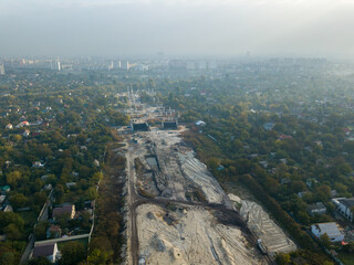 Aerial drone view. A bridge under construction across the Dnieper in Kiev.