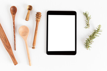 Tablet and kitchenware mock up. Online recipe application, cooking classes template