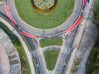Aerial drone view. Roundabout with bicycle markings.