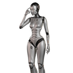 Fototapeta premium 3d render of a very detailed female robot or futuristic cyber girl touching her head or suggesting to use your brain, isolated on white background