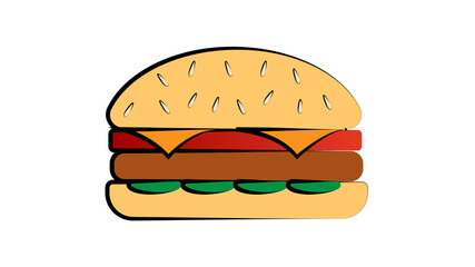 appetizing burger with filling on a white background, vector illustration. vegetarian burger with soy cutlet, salad, tomatoes. appetizing bun, fast food