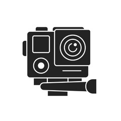 Action camera black glyph icon. Electronic device concept. Camera for active sports. Pictogram for web page, mobile app, promo. UI UX screen. User interface display.