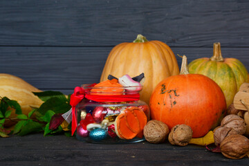 fresh pumpkin, halloween cookies, Halloween Jack o Lantern pumpkin, candy bowl with sweets and halloween cookies Trick or Treat 