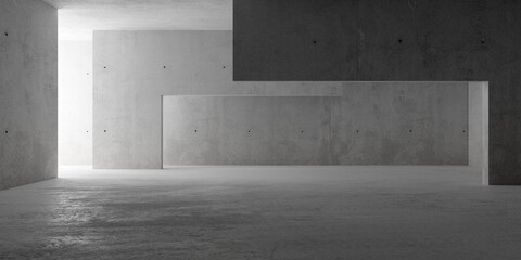 Abstract empty, modern concrete room with indirect lighting from side wall, room dividers and rough floor - industrial interior background template