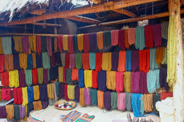 Colourful Llama wool for sale at Llama Farm, Khallka pruwinsya, Peru