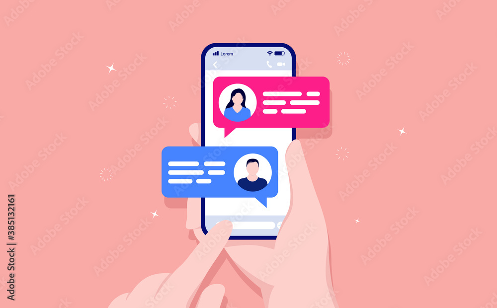 Poster text chat between woman and man on mobile phone - hand holding smartphone with text messages popping