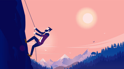 Business ambition - Businessman climbing up challenging mountain to reach career goal. Strength, courage and improvement concept. Vector illustration.