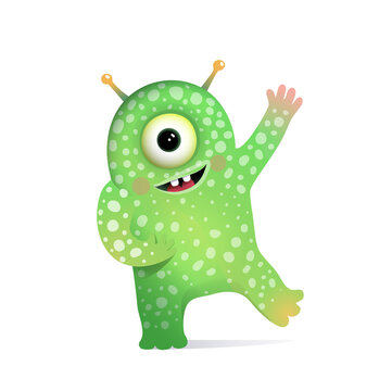 Green Alien Monster with Antennas Greeting for Kids. Cute fictional creature character design for children. Vector cartoon.