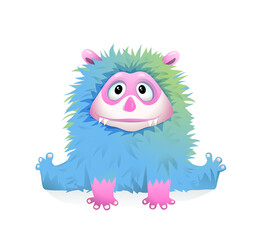 Cute Blue Fluffy Baby Monster for Children, fantasy playful kids character design. Toothy smile vector monster.