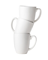 Porcelain cups and plates on white background, photo taken in studio