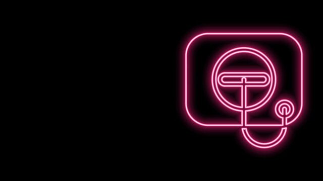 Glowing neon line Oil filler cap opening at the gas station icon isolated on black background. 4K Video motion graphic animation