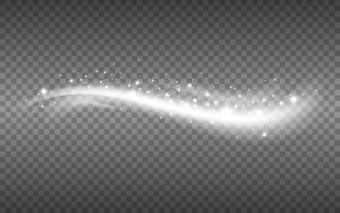 Glitter wave silver. Luxury element with white stardust. Glowing light effect for poster, brochure or card. Sparkling trail with bright particles. Magic flying snow. Vector illustration