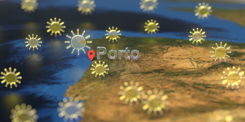 Sunny weather icons near Porto city on the map, weather forecast related 3D rendering