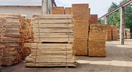 Stacks of fresh wooden planks