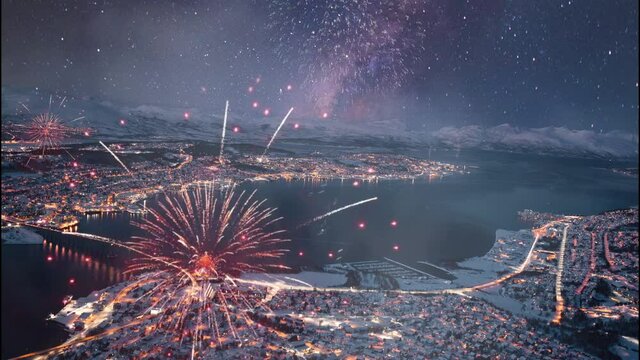 Tromso Townscape with Fireworks Display