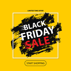 Black friday sale. Vector layout banner on yellow background. Dirty grunge brushes stroke under white square frame. Offer announcement for Black friday discount red tag.