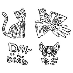 Santa muerte icon set on white isolated backdrop. Day of the dead symbol for invitation or gift card, notebook, bath tile, scrapbook Phone case or cloth print Doodle style stock vector illustration