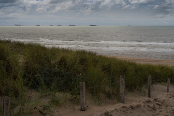 Dunes on the  Katwijk beach, Netherlands, with cruisers and tankers on the horizon