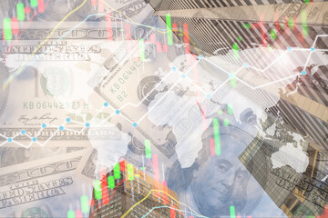Double exposure business network trading connection and economic uptrend stock graph on money and capital financial city background. element of this images furnished by NASA