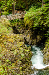 Bridge over rushing waters - The top of Little Qualicum Falls on an autumn day