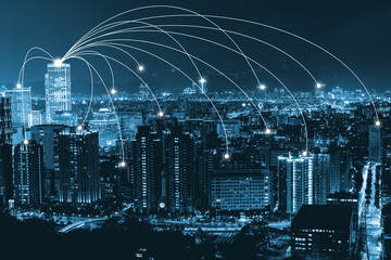 Double exposure business network connection and global economy and money  trading graph background. Trend of future digital business economy. elements of this Images furnished by NASA.