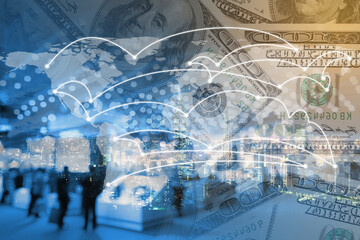 Double exposure business network trading connection and economic uptrend stock graph on money and capital financial city background. element of this images furnished by NASA
