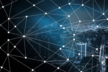 Double exposure business network trading connection and economic uptrend stock graph on money and capital financial city background. element of this images furnished by NASA