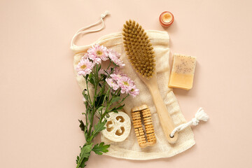 Eco-friendly beauty products, natural organic bathroom tools. No Plastic free life. Ecological skin care, body treatment concept. Conscious Minimalism Vegan Lifestyle. Reduce Reuse Recycle.