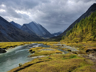 Autumn landscape of the Akkem river in Altai