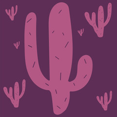 Pink cactus card, violet desert plants and botanical illustration, card, poster, vector